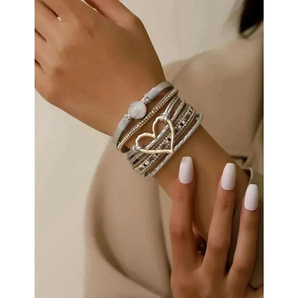 Bohemian Silver Gold Polyurethane Cubic Zirconia & Heart Decor Layered Bracelet